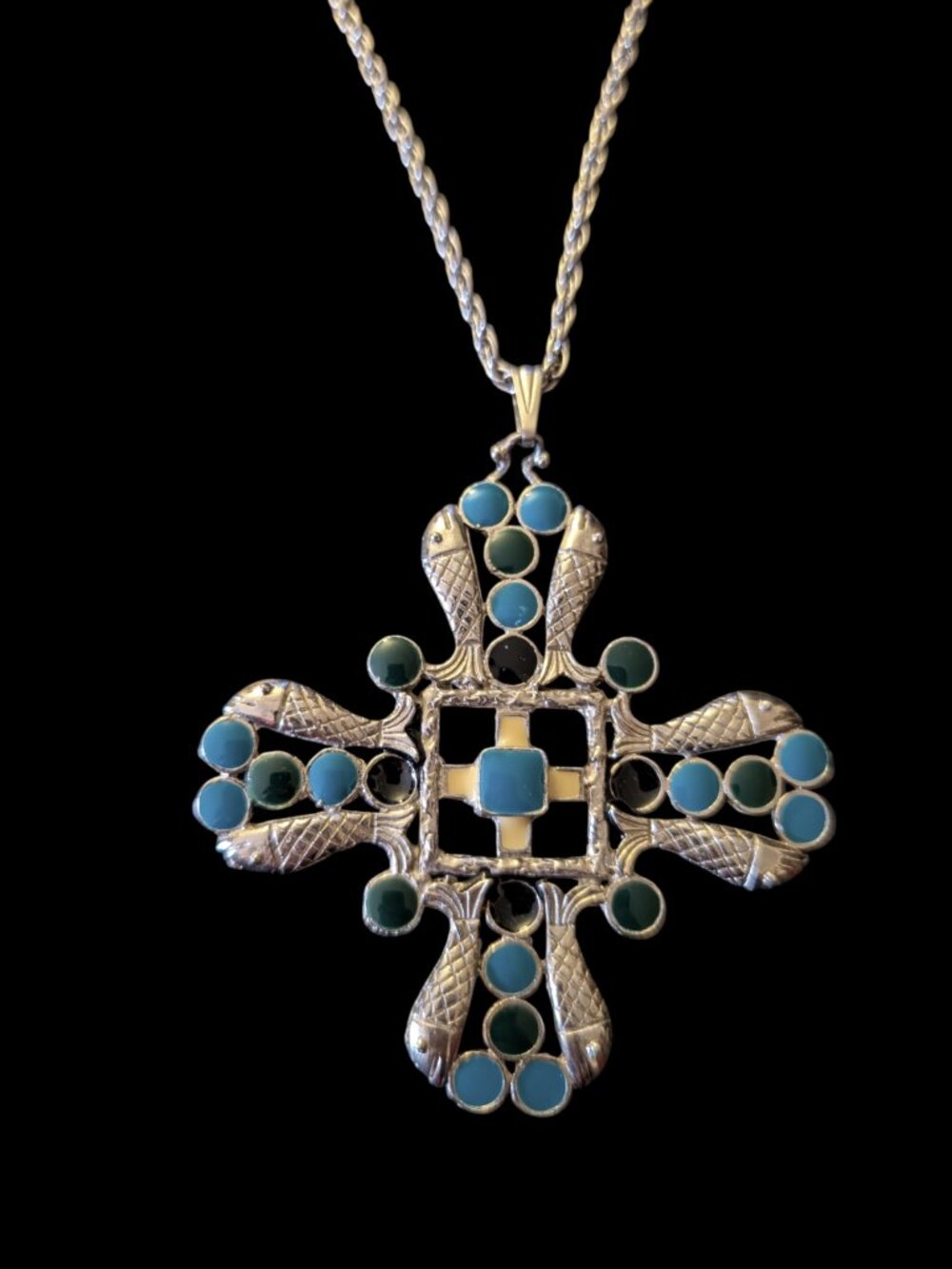 Vintage 1960s St Labre Silver Tone Enamel 3" Cross Maltese Style Ornate Fish 18"